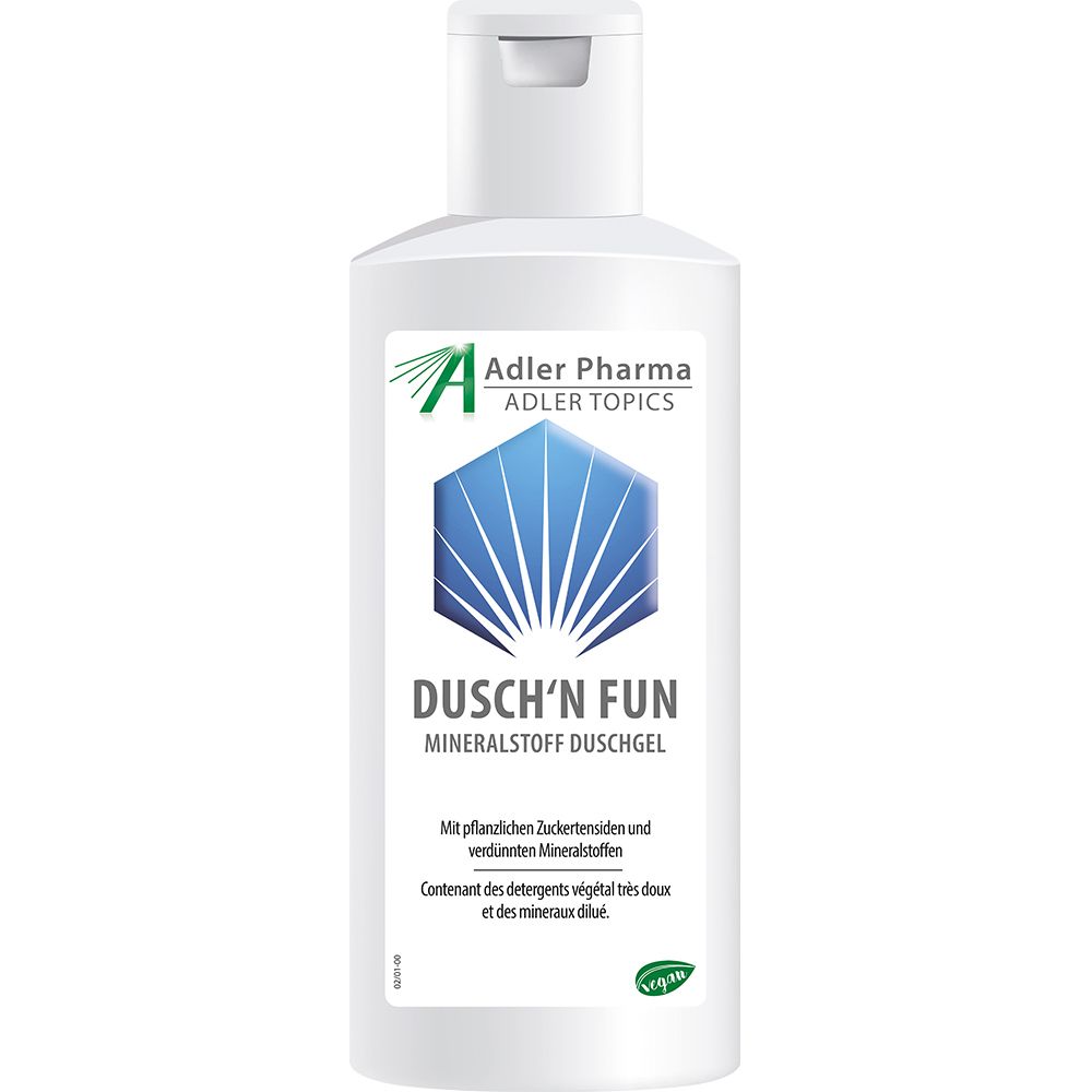 Gel douche blanc avec logo bleu et texte DUSCH'N FUN. Bouteille avec bouchon rabattable. Logo Adler Pharma.
