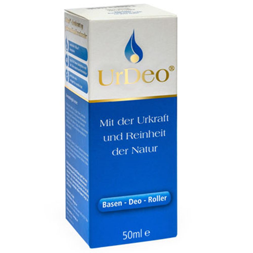 UrDeo® roller. Witte dop, transparante fles met blauwe band. Opschrift: Basen-Deo-Roller.