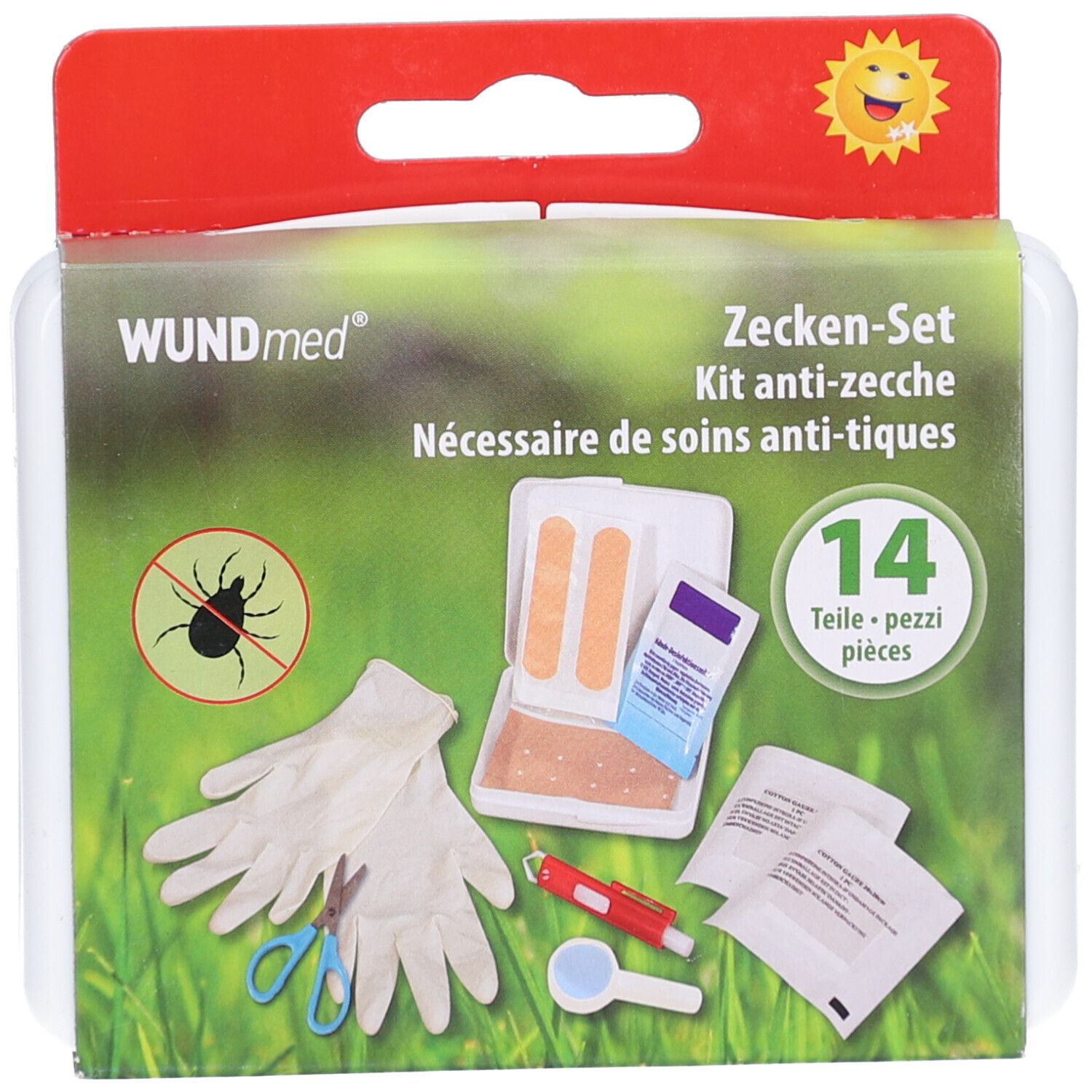 Kit anti-tiques WUNDmed, 14 pièces. Gants, pince, loupe, pansements, lingettes et ciseaux. Emballage avec logo soleil.