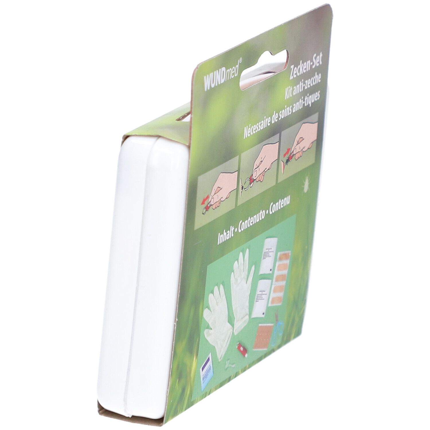 Vue latérale du kit anti-tiques WUNDmed. Boîte blanche avec poignée rouge. Emballage avec informations et logo.