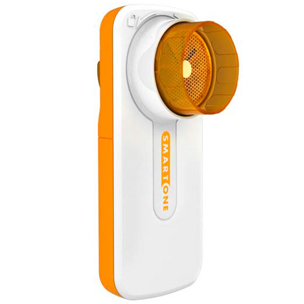 Débitmètre de pointe blanc et orange avec embout buccal et grille orange.