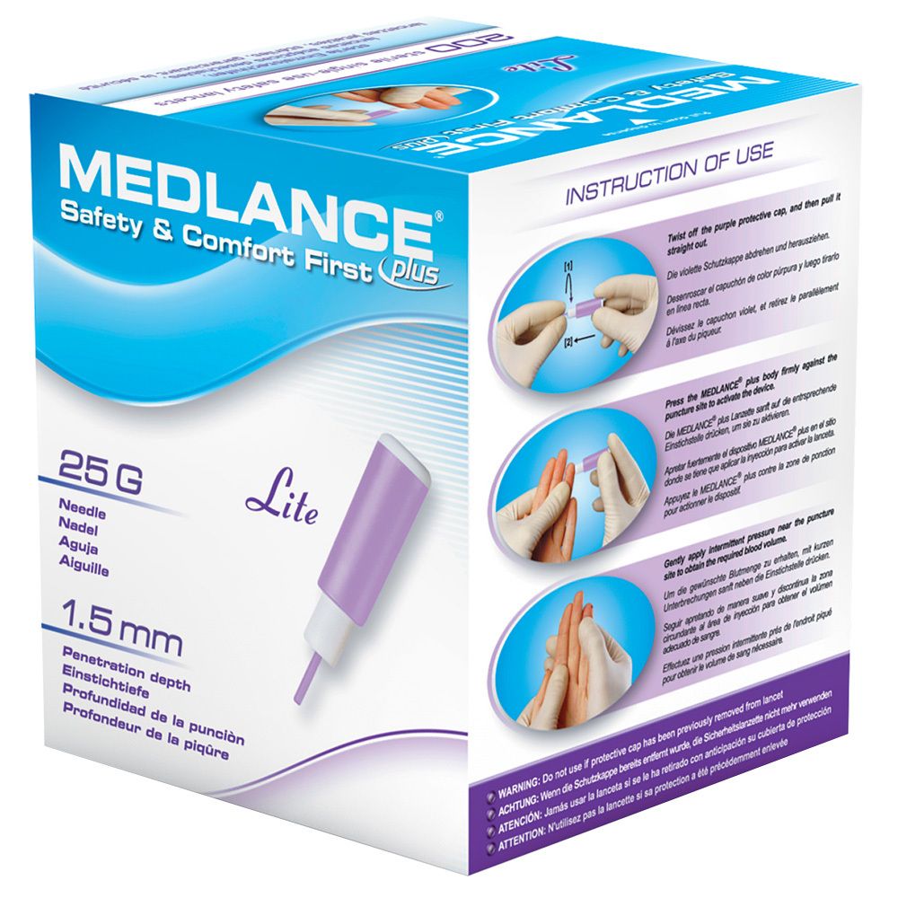 MEDLANCE® plus Lite veiligheidslancetten doos. 25G naald, 1,5 mm penetratiediepte. Paarse lancet afgebeeld. Instructies op de doos.