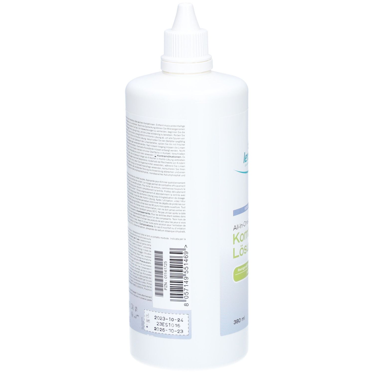 Flacon blanc avec texte et code-barres. Tampon date : 2023-10-24. Numéro de lot : 8706-10-23.