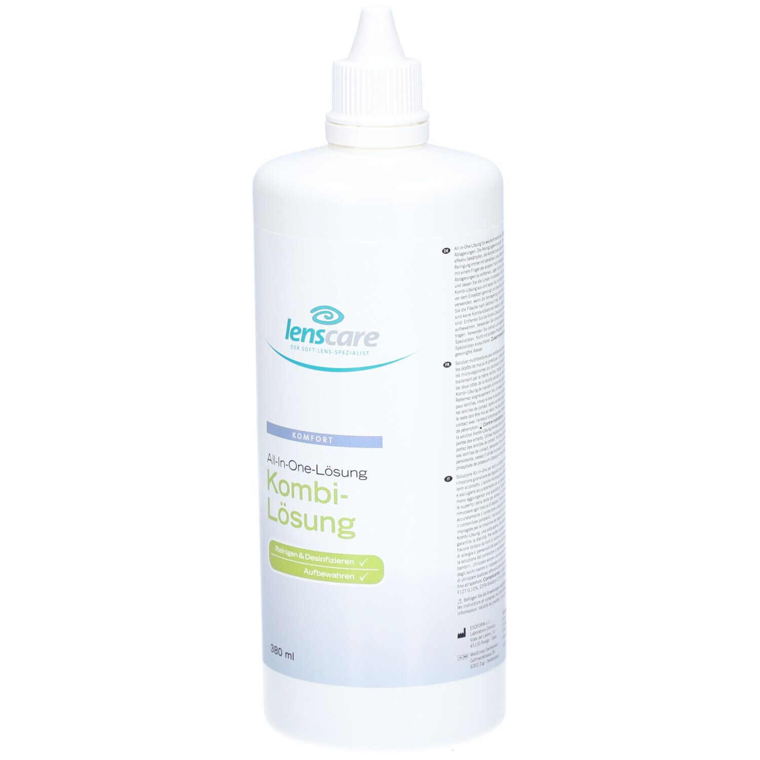 Flacon blanc avec logo "lenscare" et inscription "Kombi-Lösung". 360 ml. Embout verseur.