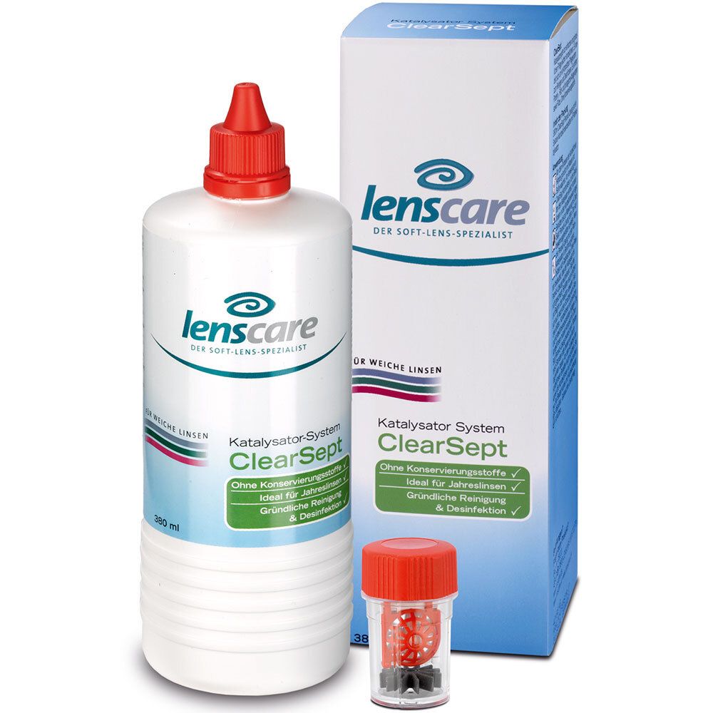 Lenscare Clearsept, flacon et conteneur. Bouchon rouge, flacon blanc avec informations produit. Conteneur pour lentilles.