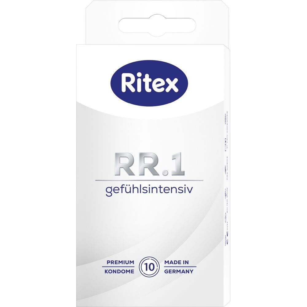 Ritex RR.1 condoomverpakking. Bevat 10 condooms. Opschrift: gefühlsintensiv, Premium Kondome, Made in Germany.