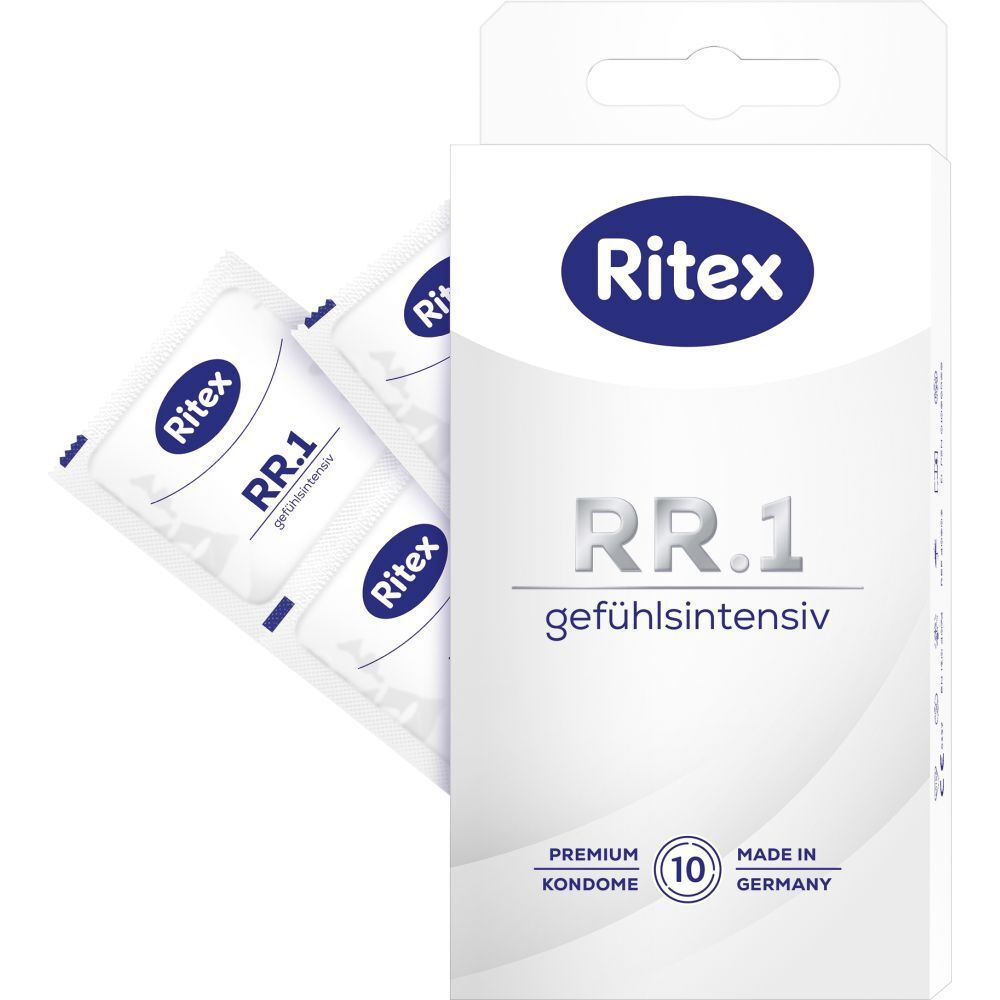 Ritex RR.1 condooms en verpakking. Condooms afzonderlijk verpakt. Opschrift: Ritex, RR.1, gefühlsintensiv.