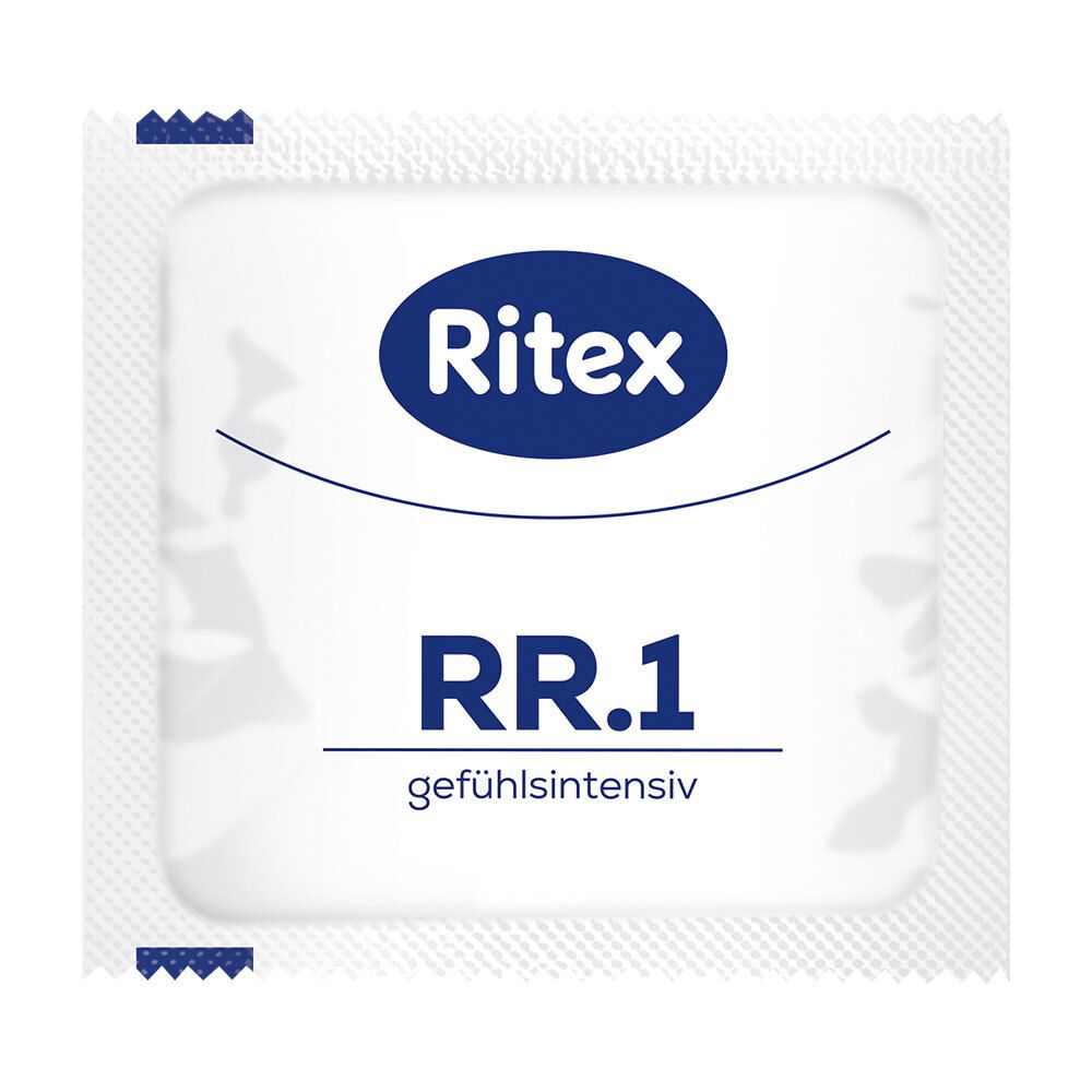 Afzonderlijk verpakt Ritex RR.1 condoom. Opschrift: Ritex, RR.1, gefühlsintensiv.