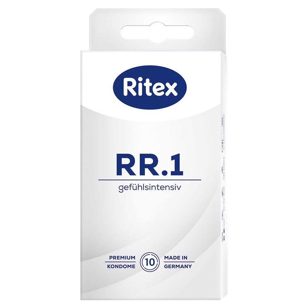 Ritex RR.1 condoomverpakking. Opschrift: gefühlsintensiv, Premium Kondome, Made in Germany.