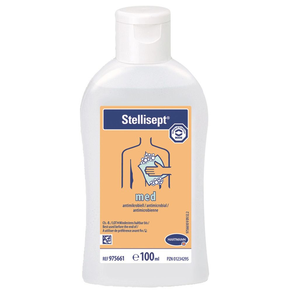 Fles Stellisept med lotion. Witte dop, etiket met illustratie en tekst. Hartmann logo.