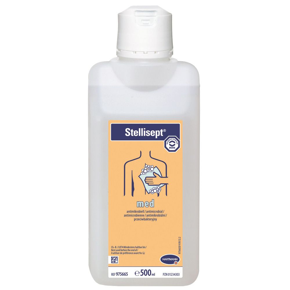 Fles Stellisept med lotion. Witte plastic container met geel etiket en productillustratie.