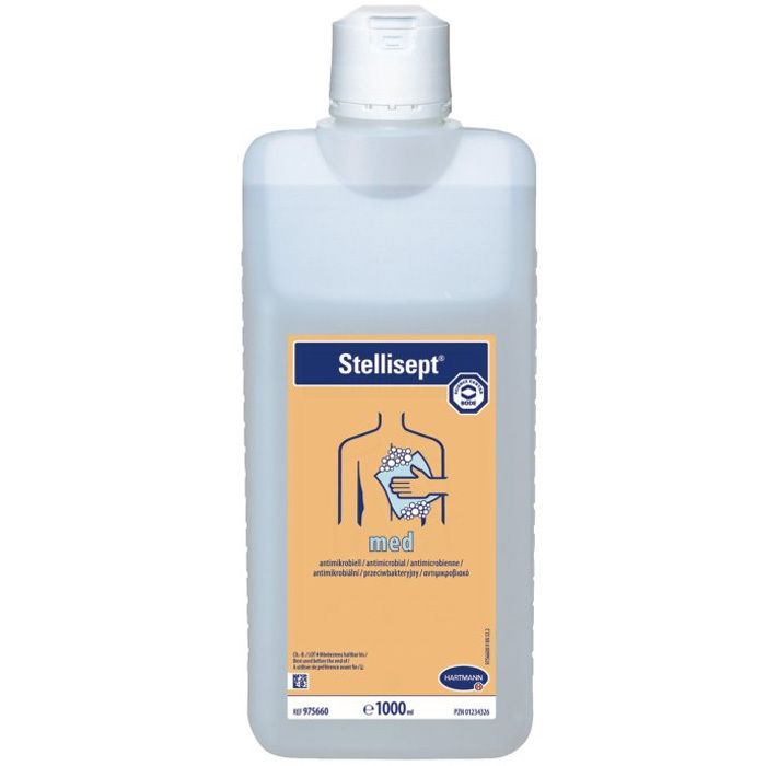Rechthoekige fles met Stellisept med. Blauw-oranje etiket met productnaam, illustratie en certificering. Witte dop.