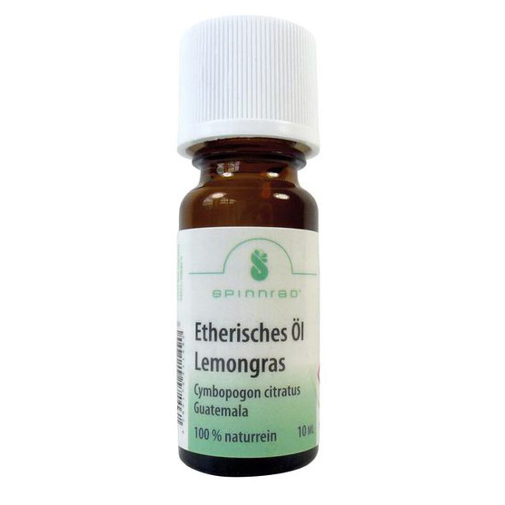 Bruine glazen fles met witte dop. Etiket met productnaam, Lemongrass, en logo.