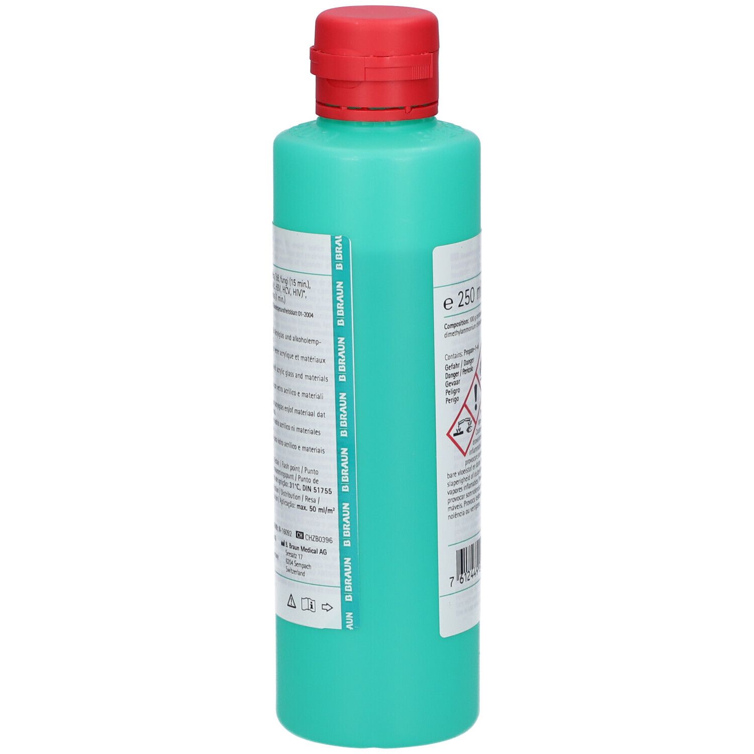 Dos d'un flacon vert avec bouchon rouge. Contient des informations sur les ingrédients et des avertissements de danger.