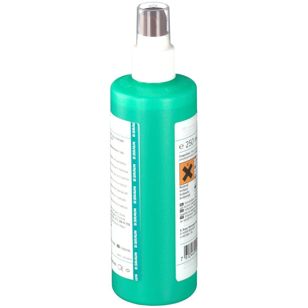 Flacon pulvérisateur vert, vue latérale. Inscription : Meliseptol rapid, 250 ml. Symboles de danger et marque B. Braun.