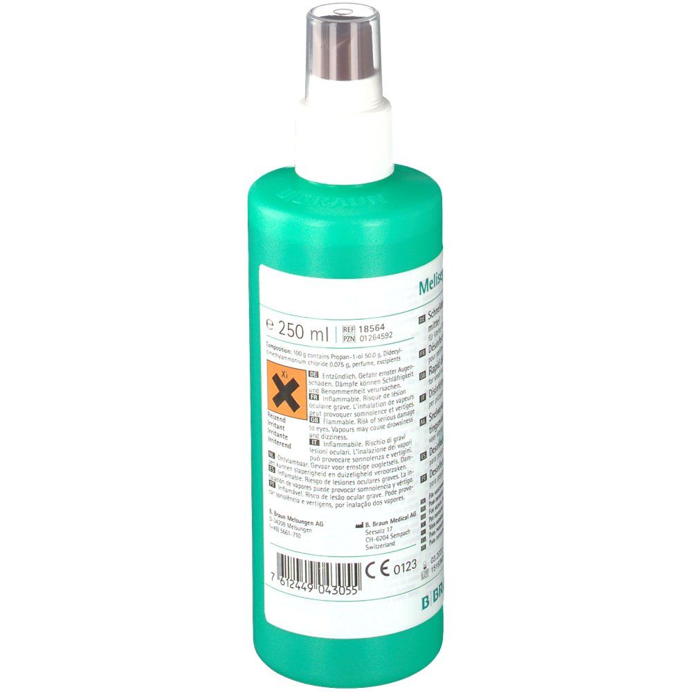 Flacon pulvérisateur vert, vue arrière. Inscription : Meliseptol rapid, 250 ml. Symboles de danger, numéro de lot et marque B. Braun.