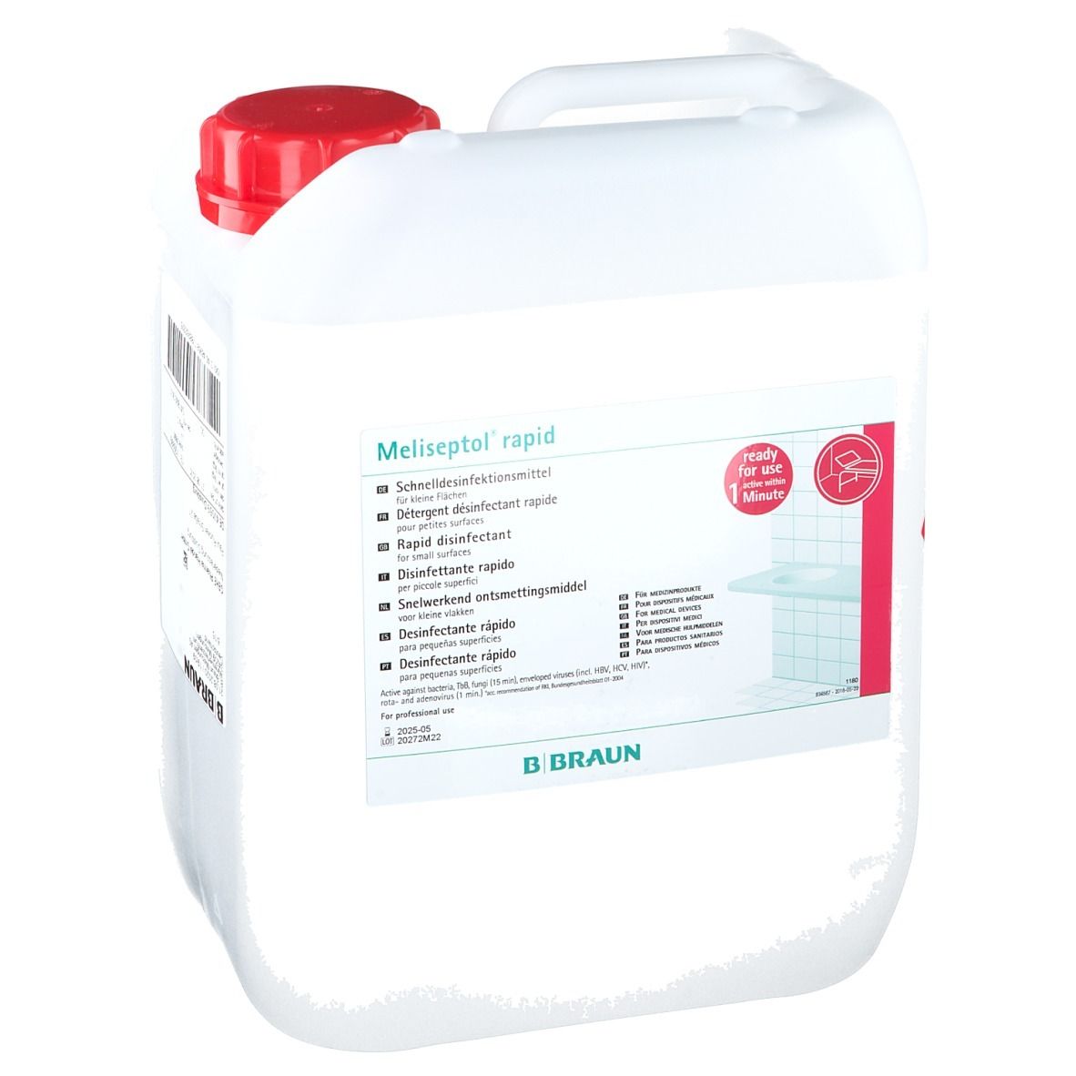 Witte kan met rode dop en handvat. Opschrift Meliseptol rapid. B. Braun logo. Productinformatie.