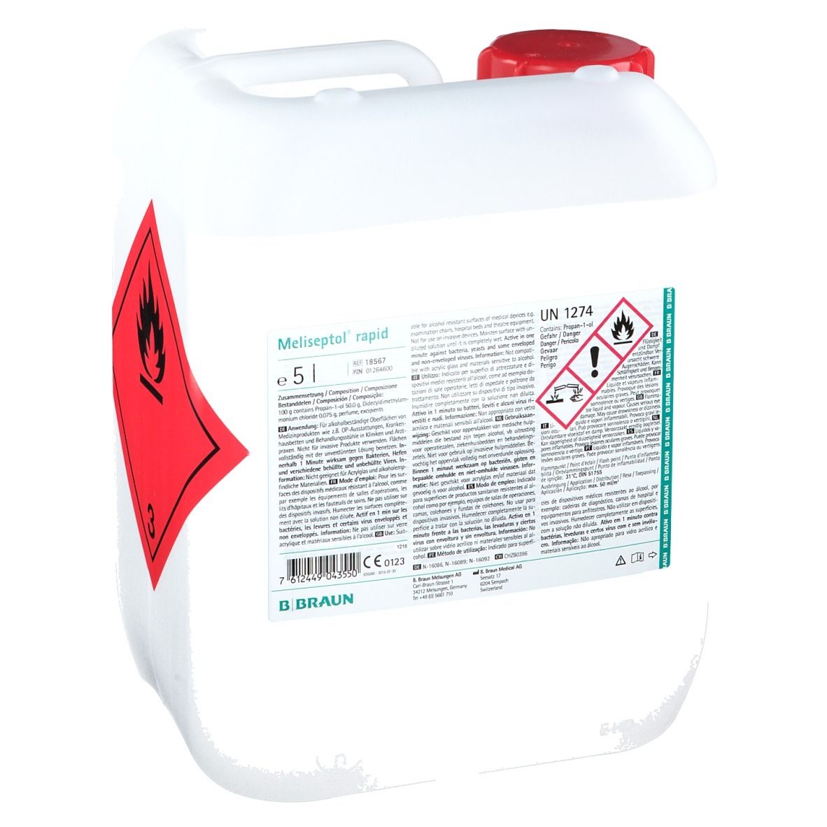 Witte kan met rode dop. Opschrift Meliseptol rapid, 5 l. Gevaarsymbolen. B. Braun logo.
