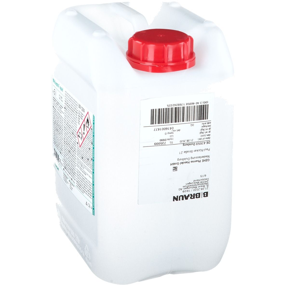 Witte kan met rode dop. Etiket met informatie en barcode. B. Braun logo.