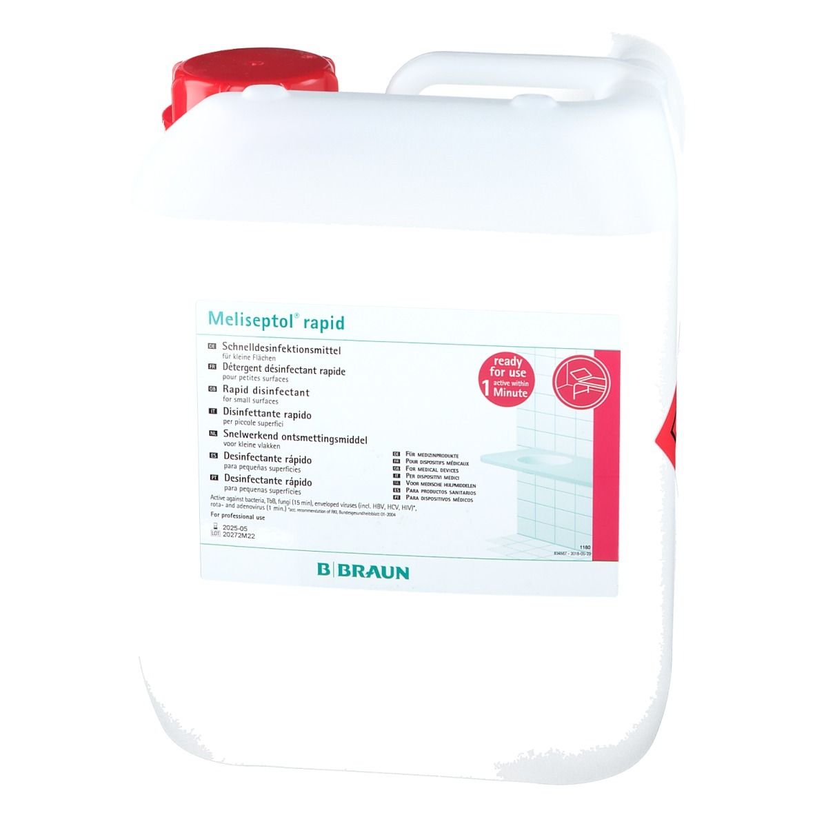 Kan met rode dop en handvat. Opschrift Meliseptol rapid. B. Braun logo. Productinformatie.