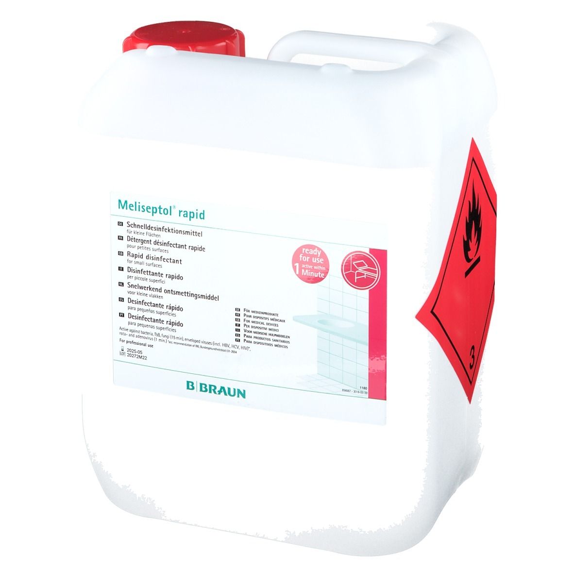 Kan met rode dop en handvat. Opschrift Meliseptol rapid. Gevaarsymbool. B. Braun logo.
