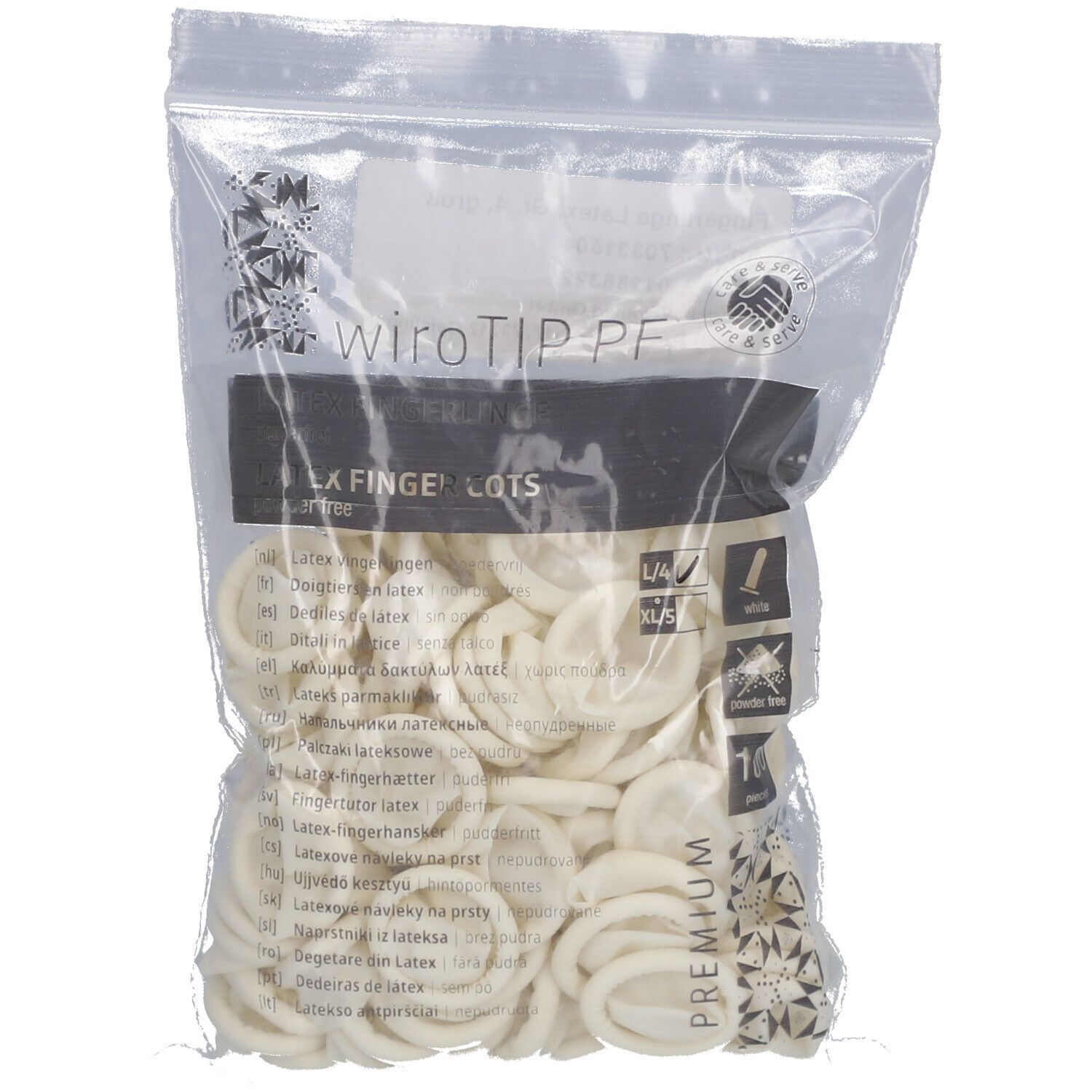Sachet de doigtiers en latex. Inscription : wiroTIP PF, doigtiers en latex. L/4, 10 pièces.