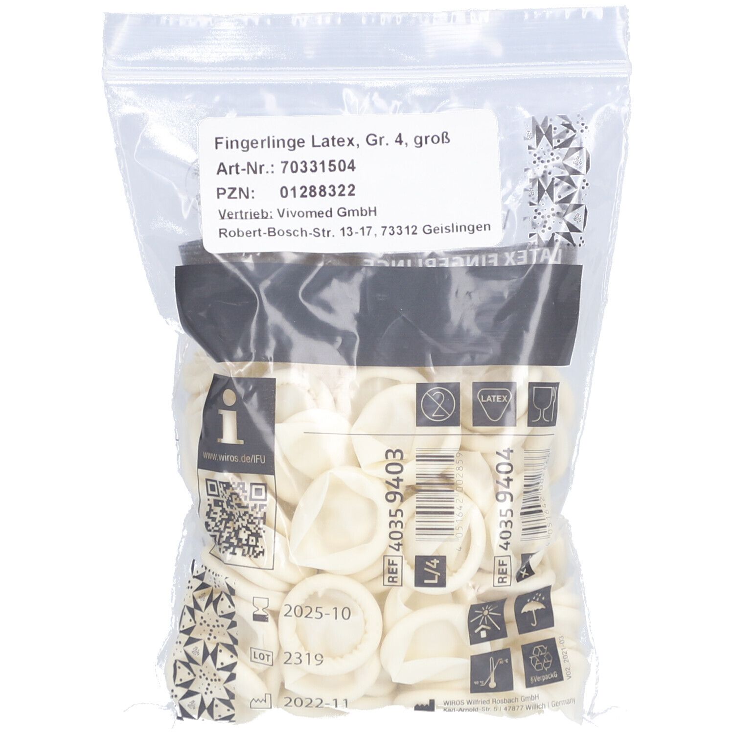 Sachet de doigtiers en latex, Gr. 4, grand. Inscription : Art.-Nr.: 70331504, PZN: 01288322. Vivomed GmbH.