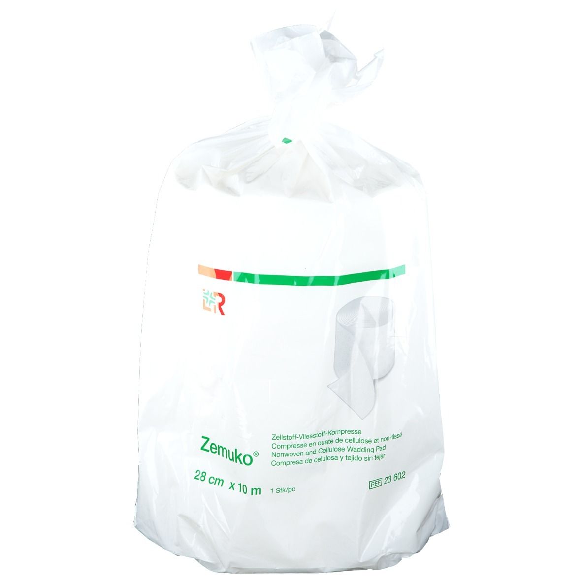 Compresse en rouleau dans un emballage plastique. Inscription : Zemuko, 28 cm x 10 m. Logo vert et rouge. Texte en allemand, anglais, français, espagnol.