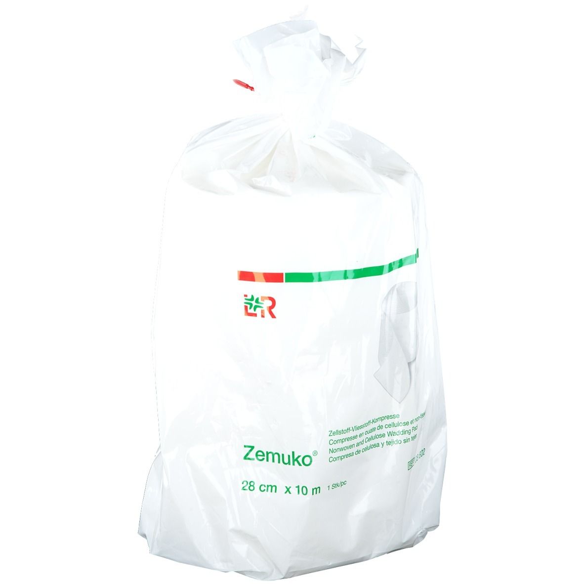 Compresse en rouleau dans un emballage plastique. Inscription : Zemuko, 28 cm x 10 m. Logo vert et rouge. Texte en allemand, anglais, français, espagnol.