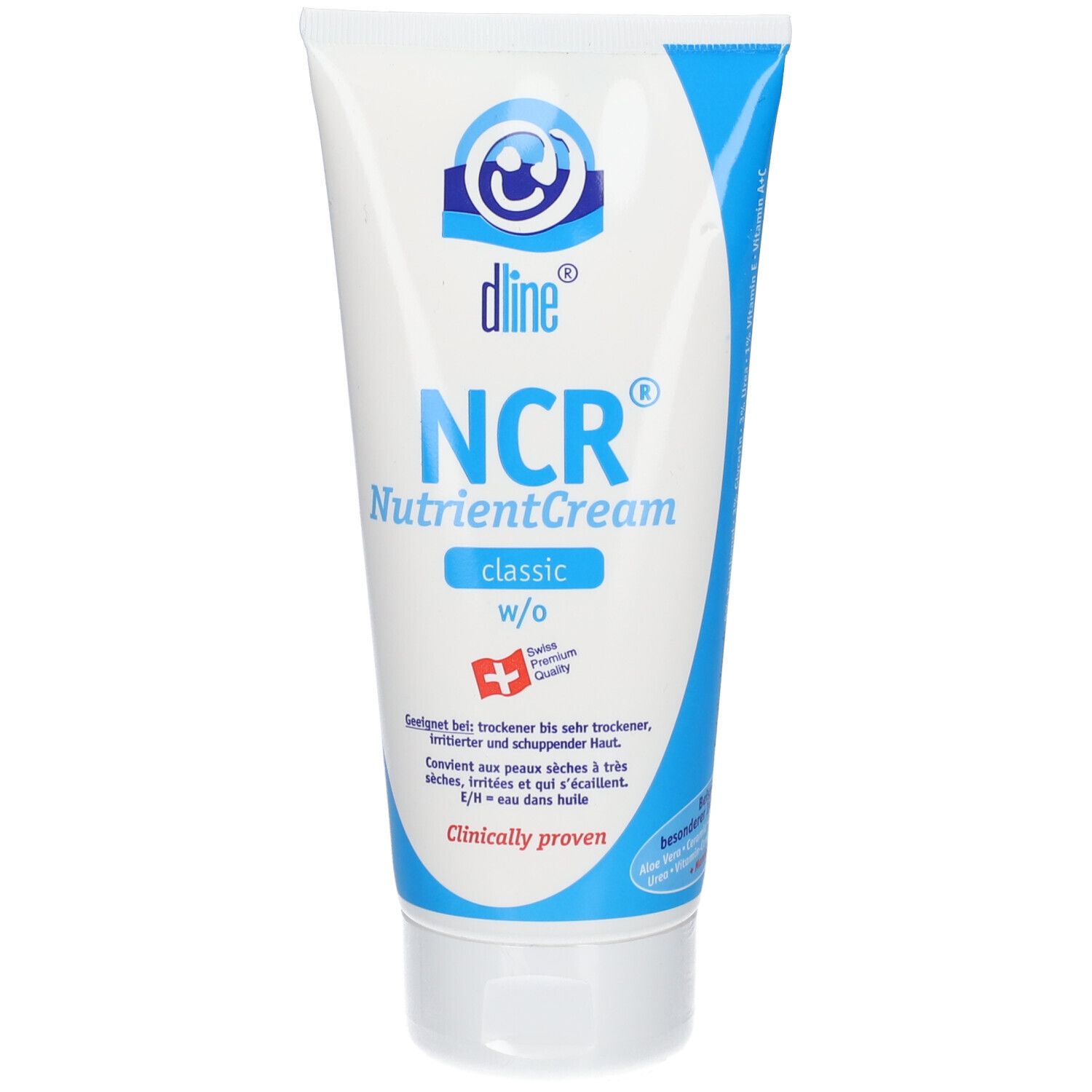 Witte tube met blauwe dop. Opschrift: dline NCR NutrientCream classic. Zwitsers kwaliteitslabel. Klinisch bewezen.