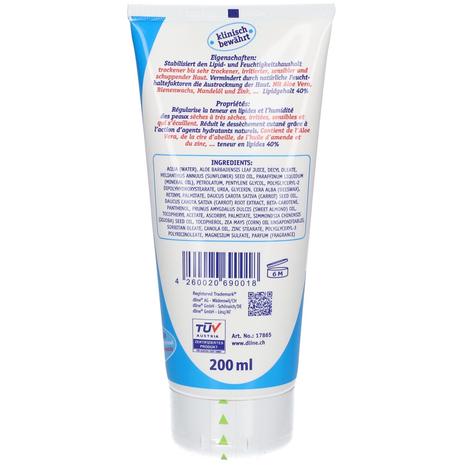 Achterkant van de tube. Tekst: Eigenschappen, Ingrediënten, 200 ml. TÜV-certificering. 6M-symbool.