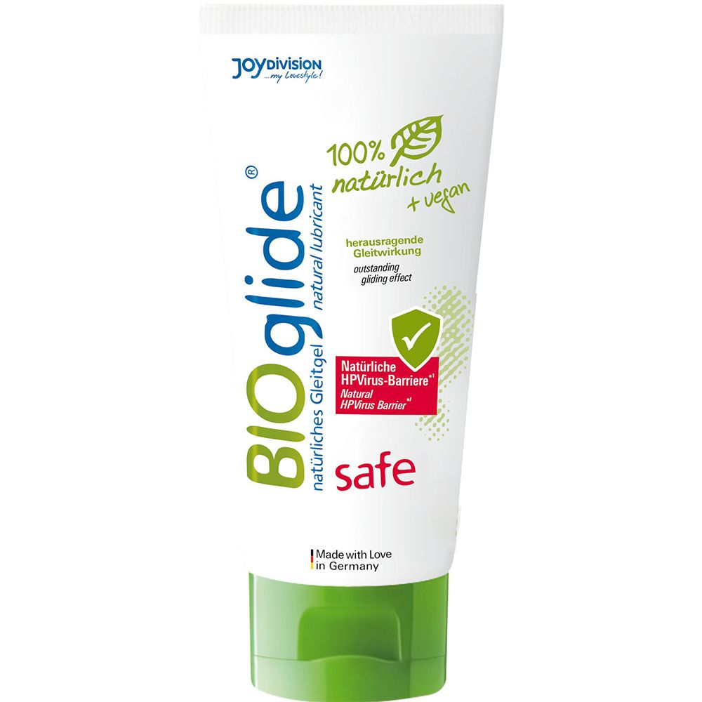 Tube blanche et verte avec BIOglide. Texte: 100% naturel + végétalien, safe, gel lubrifiant naturel. Logo: Barrière contre le VPH.