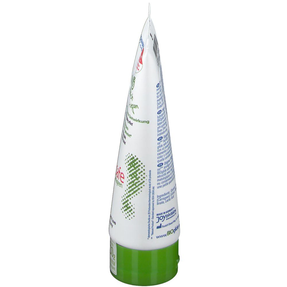 Tube blanc à bouchon à vis vert, vue latérale. Logo BIOglide et informations produit.