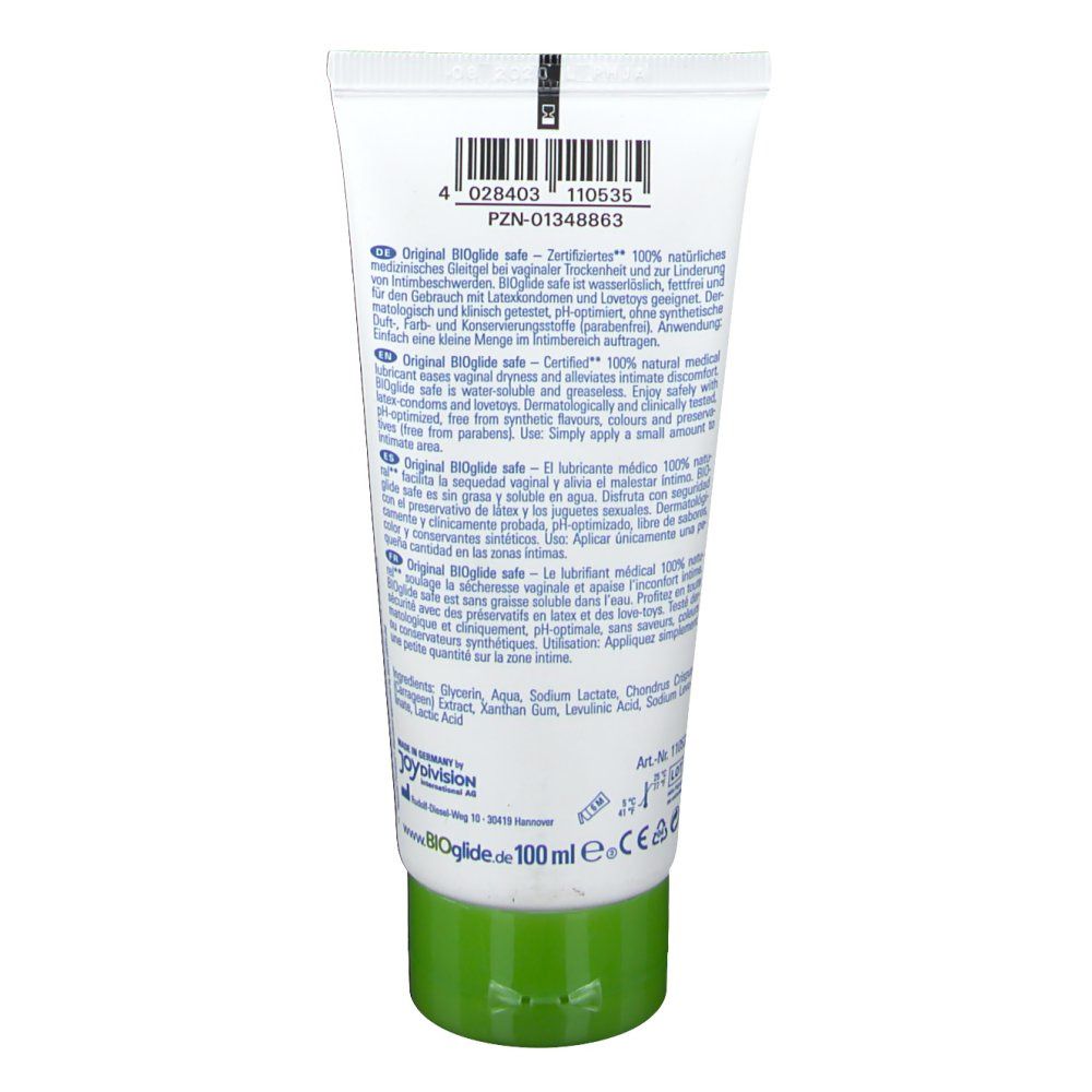 Tube blanc à bouchon à vis vert, dos avec informations produit et code-barres. Indication 100ml.