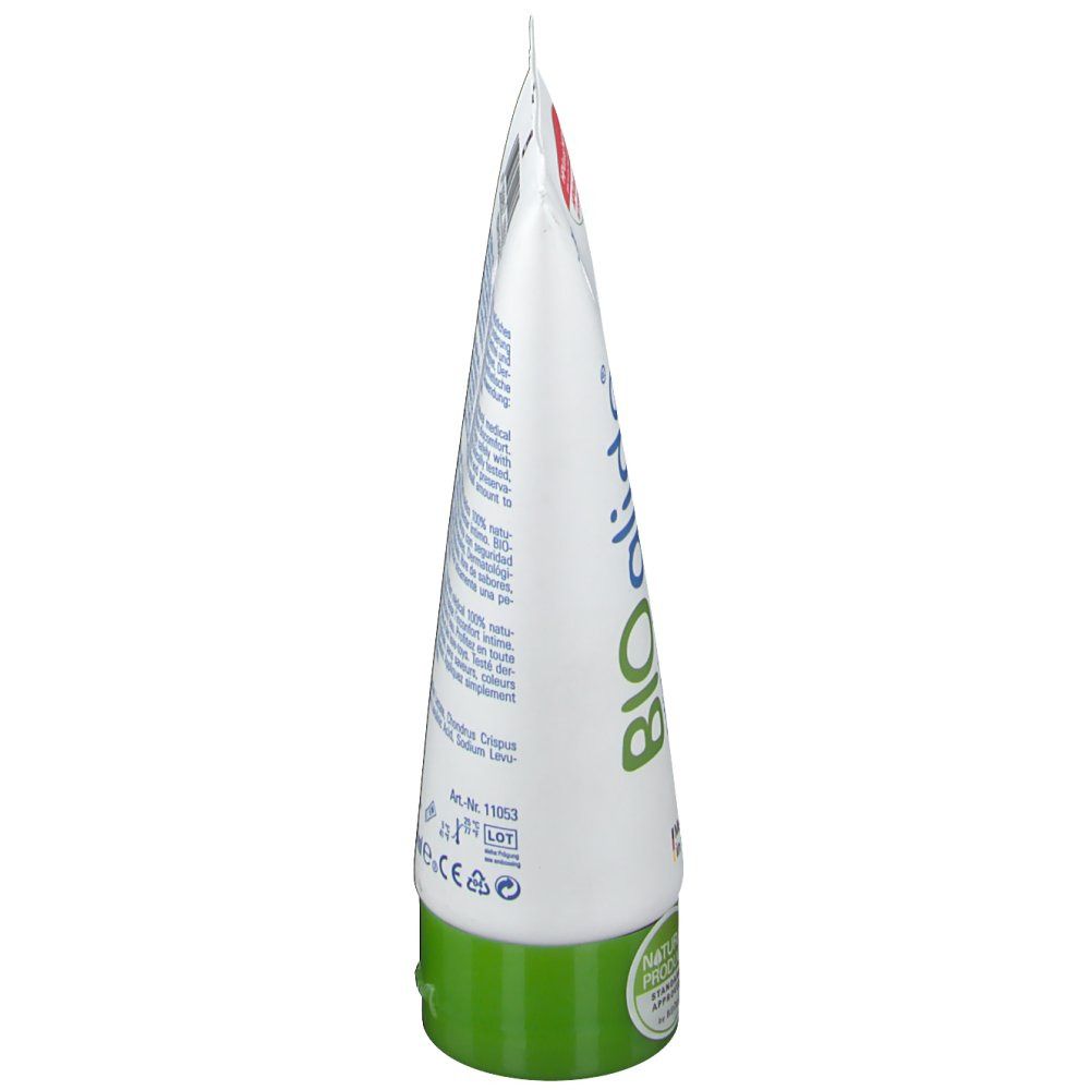Tube blanc à bouchon à vis vert, vu en biais de côté. Logo BIOglide et informations produit.