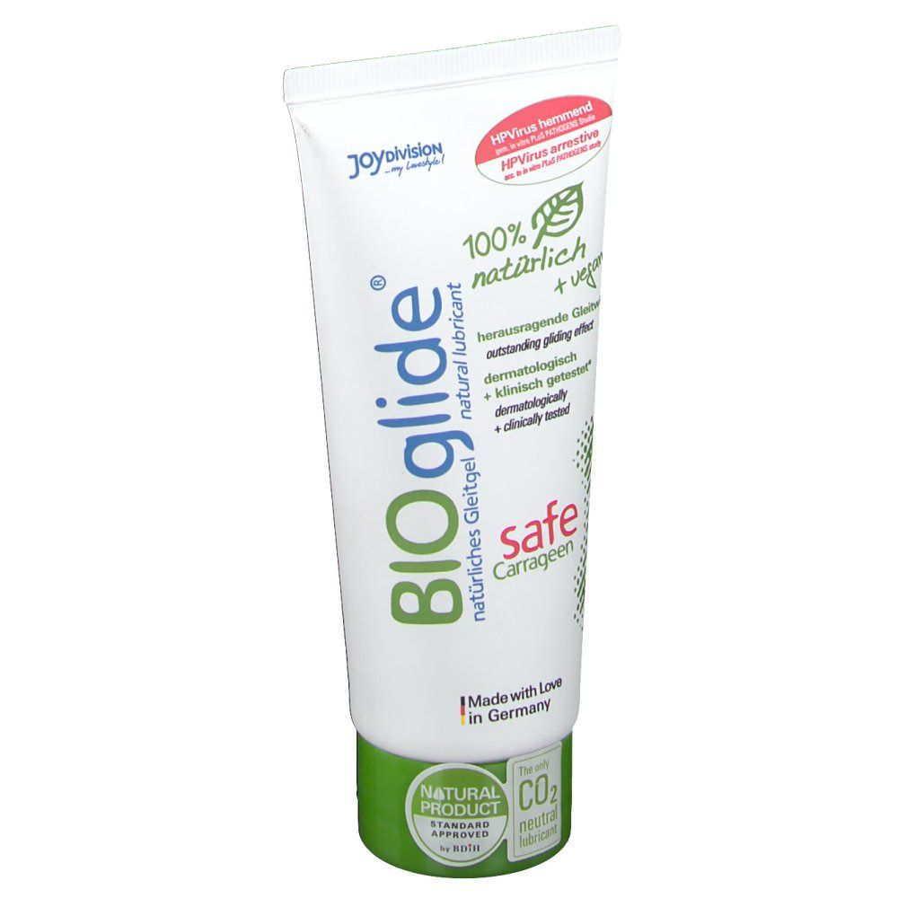 Tube blanc à bouchon à vis vert. Logo BIOglide, '100% naturel + vegan', 'safe Carrageen'.