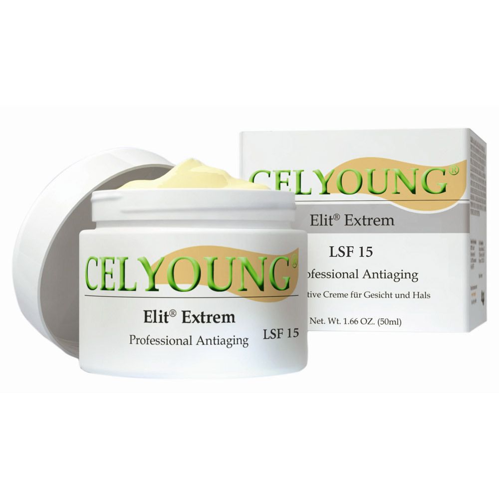 Pot blanc ouvert avec crème et emballage. Inscription: CELYOUNG® Elit® Extrem LSF 15. Crème pour le visage et le cou.
