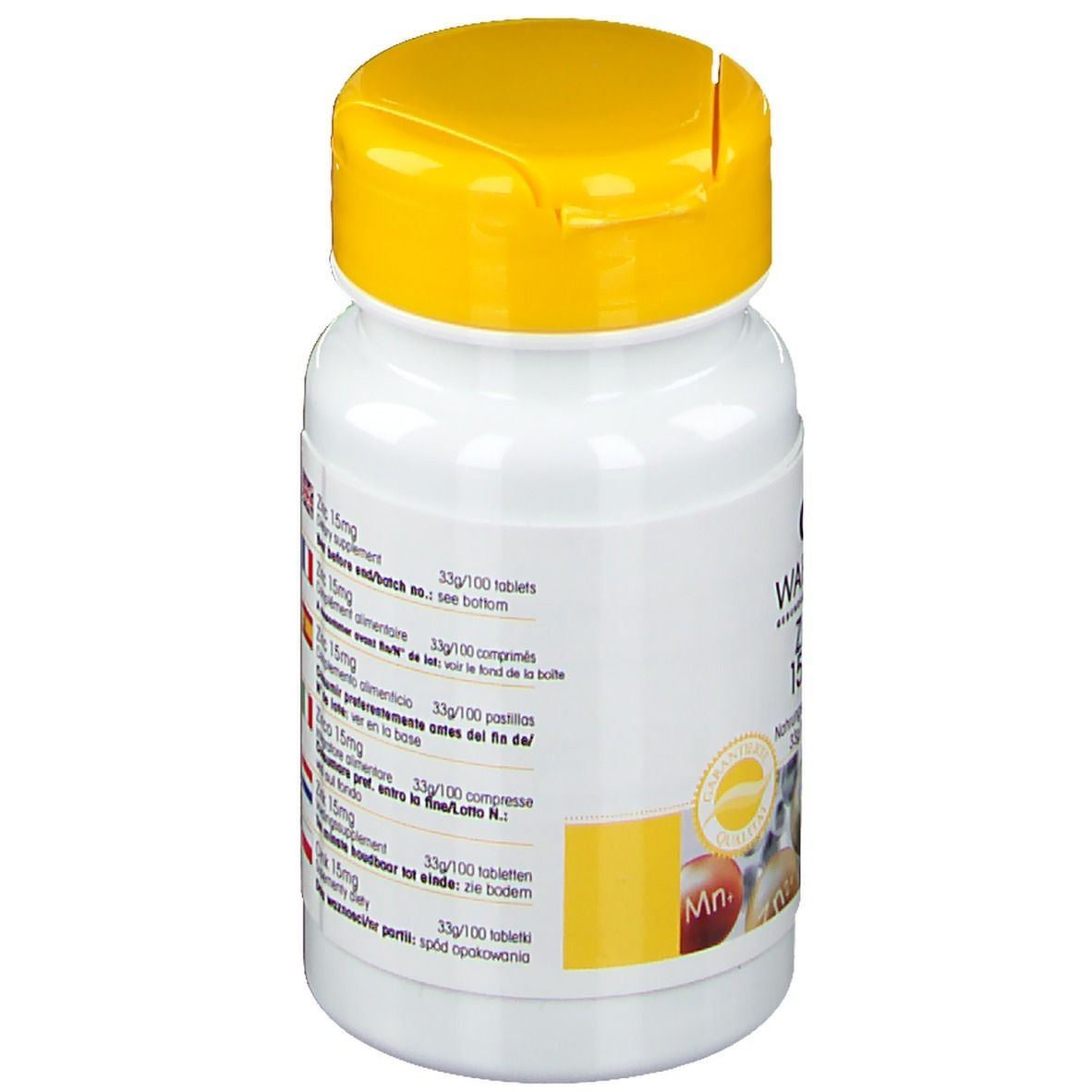 Flacon blanc à bouchon jaune. Texte et informations nutritionnelles. Poids net: 33g (100 comprimés).