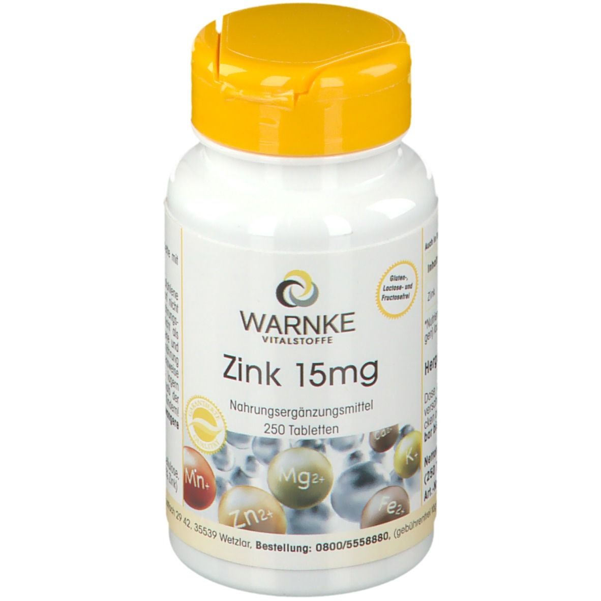 Flacon blanc à bouchon jaune. Inscription WARNKE Zink 15mg. Complément alimentaire. 250 comprimés.