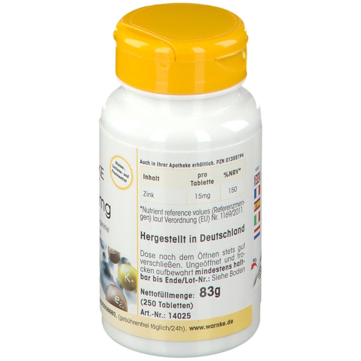 Dos du flacon blanc à bouchon jaune. Texte: Zink 15mg, 83g, fabriqué en Allemagne. Informations multilingues.