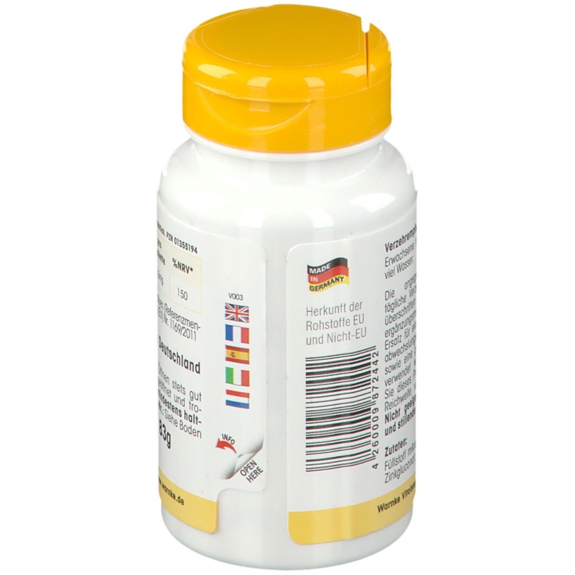 Dos du flacon blanc à bouchon jaune. Texte: Origine matières premières UE et hors UE. Fabriqué en Allemagne. Code-barres.