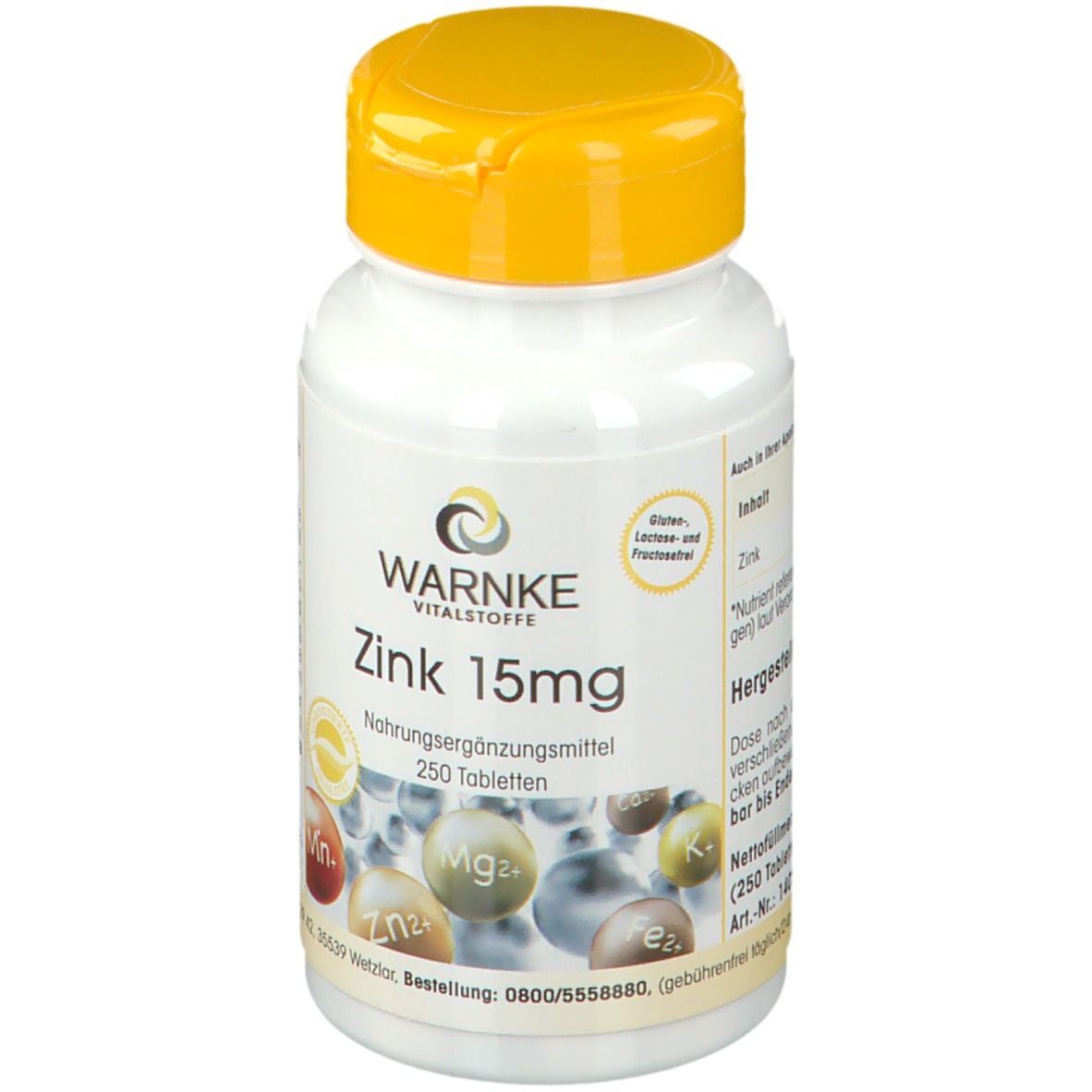 Flacon blanc à bouchon jaune. Inscription WARNKE Zink 15mg. Complément alimentaire. 250 comprimés. Vue détaillée.