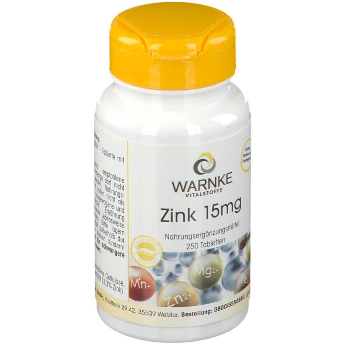 Flacon blanc à bouchon jaune. Inscription WARNKE Zink 15mg. Complément alimentaire. 250 comprimés. Vue détaillée.
