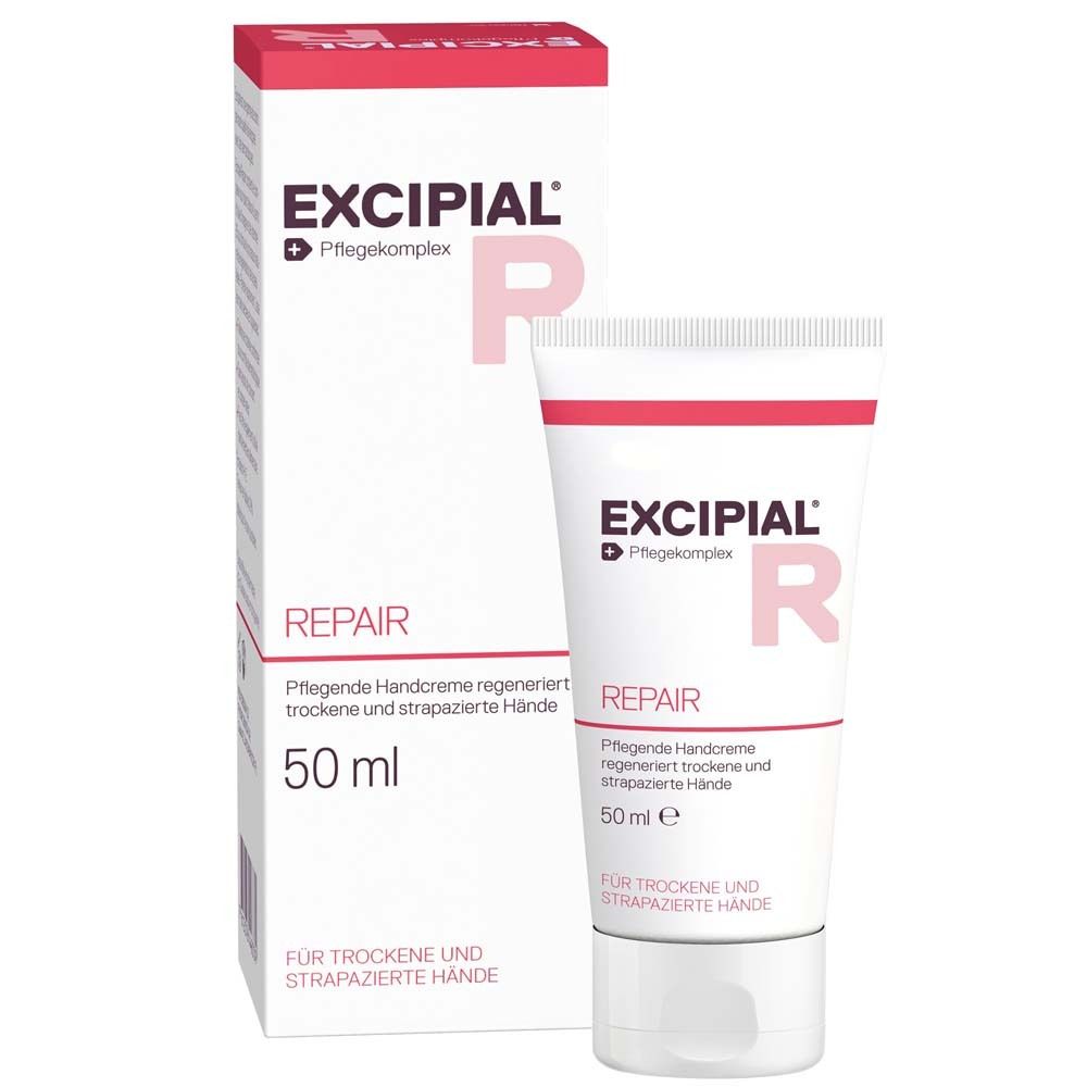 Excipial Repair handcrème en verpakking. Tube en doos met productinformatie.