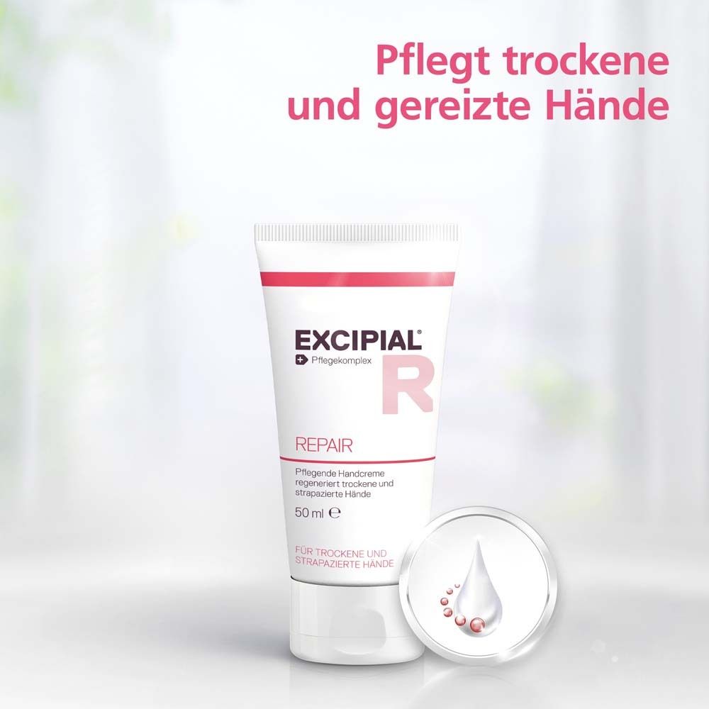 Excipial Repair handcrème. Tube met productinformatie en druppelsymbool.