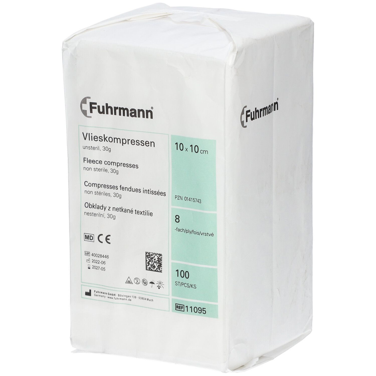 Fuhrmann Vlieskompressen, 8-laags, 10x10 cm, 100 stuks, niet steriel.