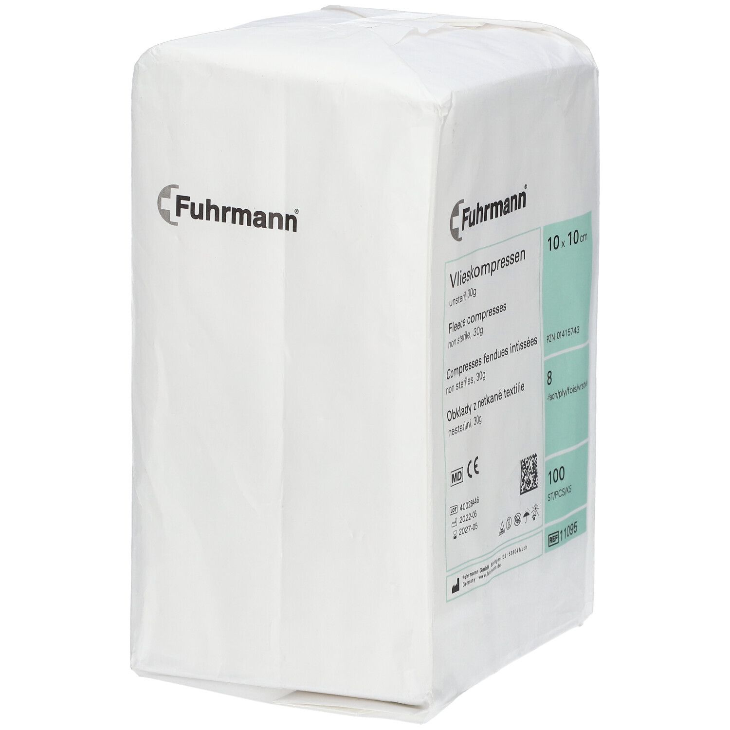 Fuhrmann Vlieskompressen, 8-laags, 10x10 cm, 100 stuks, niet steriel.
