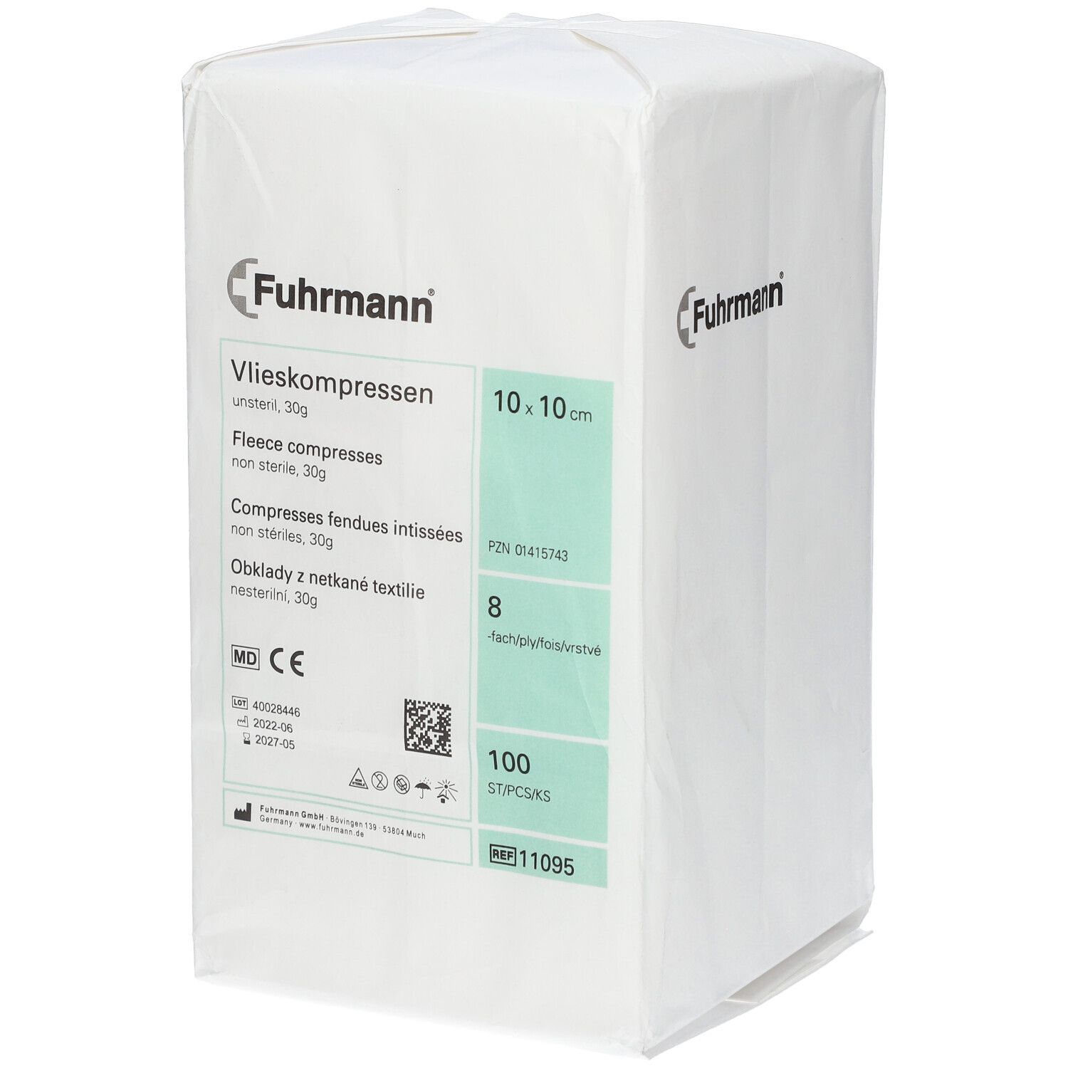 Fuhrmann Vlieskompressen, 8-laags, 10x10 cm, 100 stuks, niet steriel.