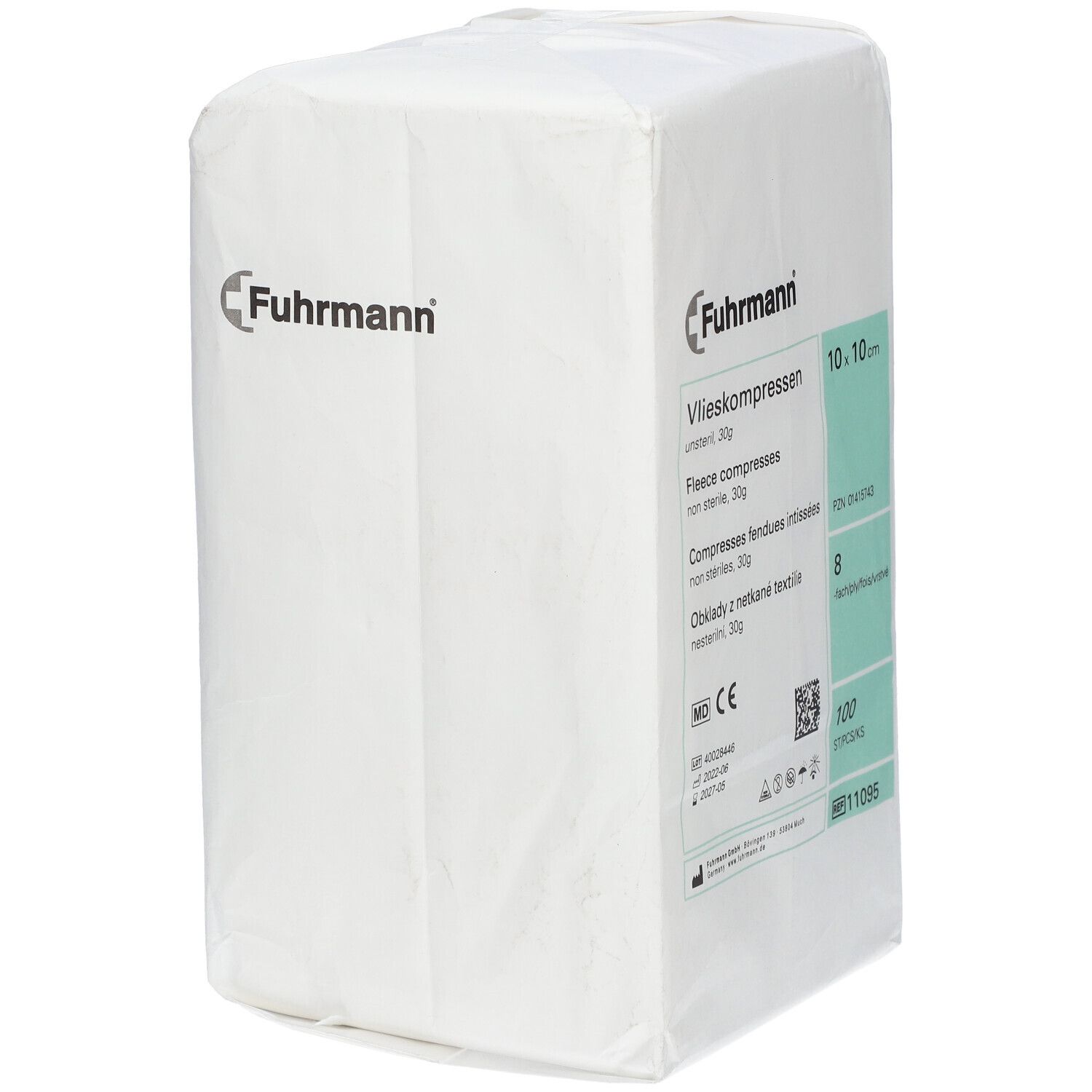Fuhrmann Vlieskompressen, 8-laags, 10x10 cm, 100 stuks, niet steriel.