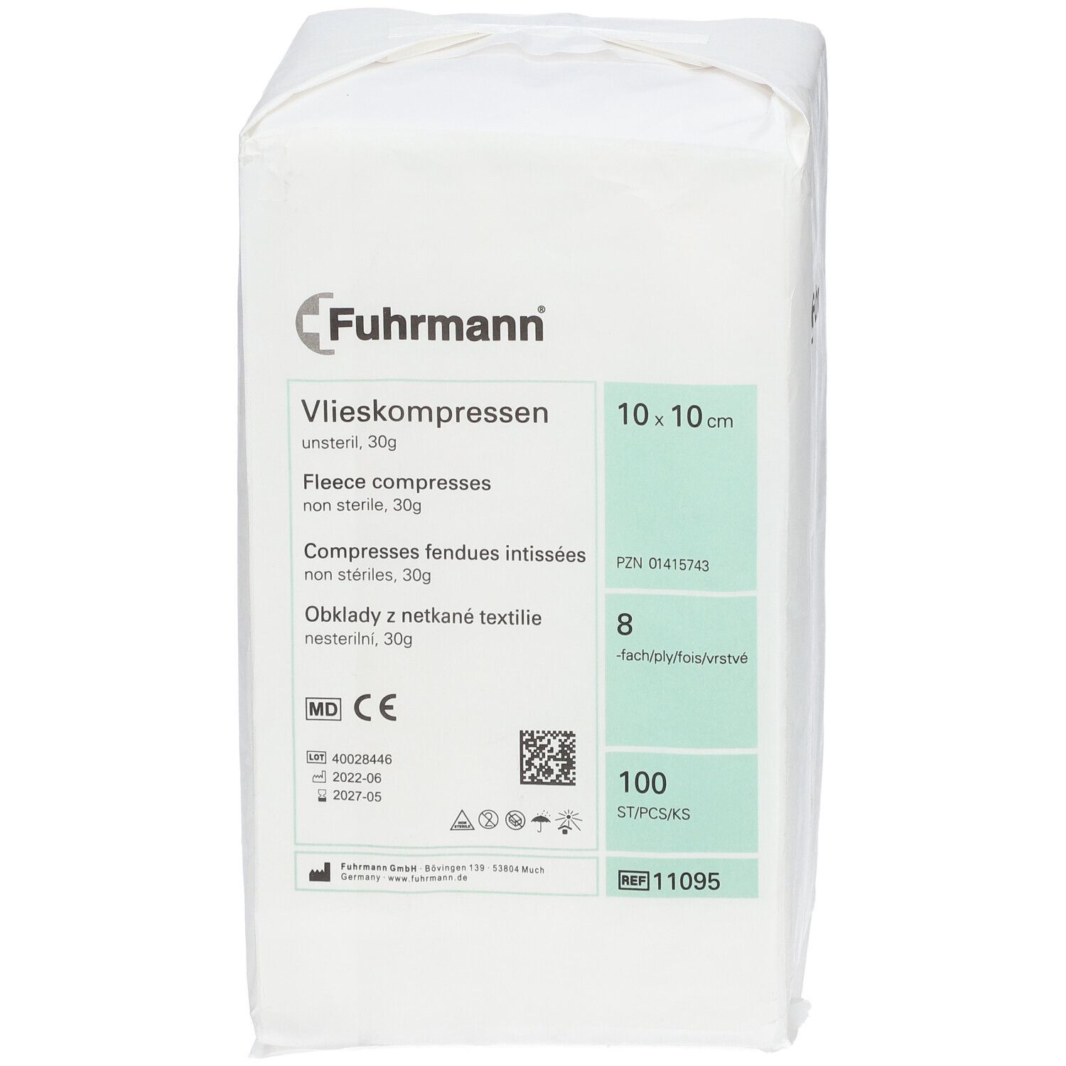 Fuhrmann Vlieskompressen, 8-laags, 10x10 cm, 100 stuks, niet steriel.